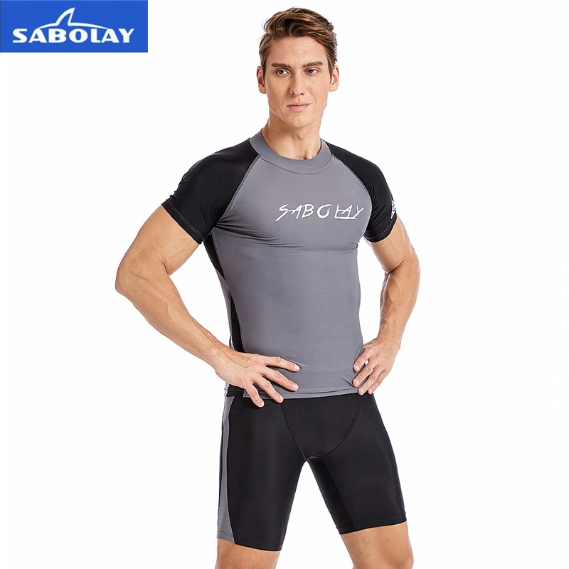 

SABOLAY Men Rashguard lycra Quick Dry Swimsuit Surf Sunscreen UV Protection Rash Guard Diving Suit Tight Beach Shirt Short Trunk