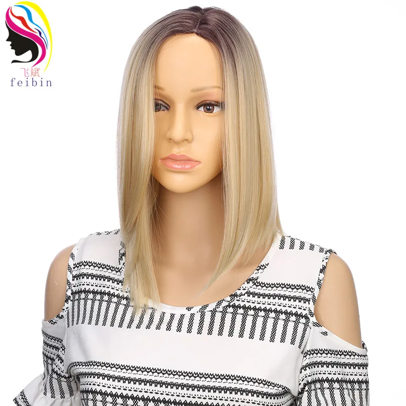 Feibin Short Wigs For Black Women Synthetic BOBO Straight Ombre Blonde Wig High temperature Fiber D10 | Шиньоны и парики