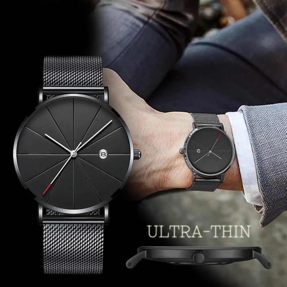 Роскошные модные деловые часы мужские супер тонкие кварцевые из нержавеющей