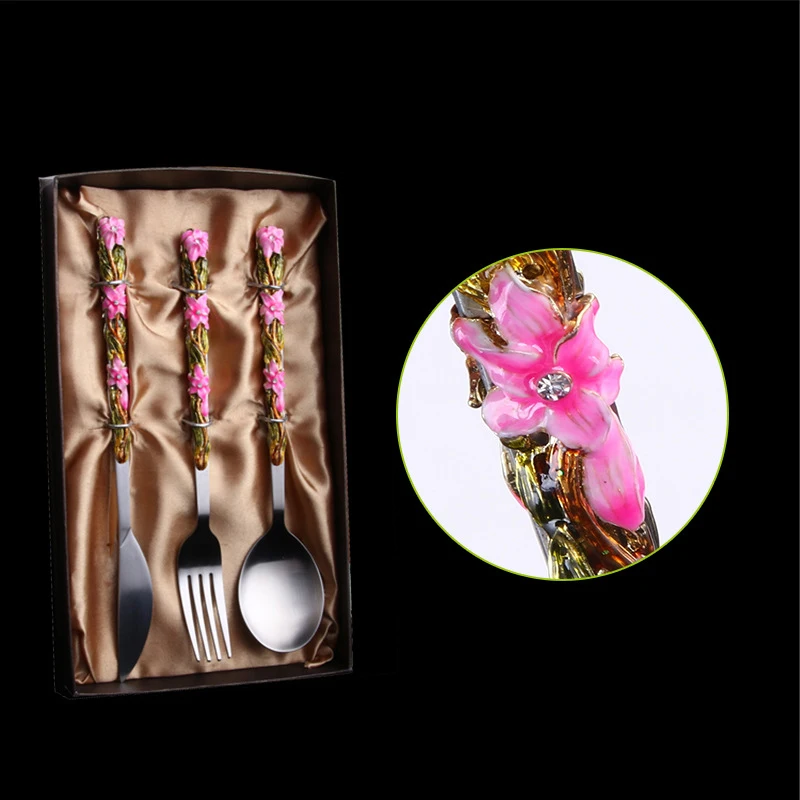 

Steak Knife Dessert Forks Spoon Enameled Flatware Set Flower Pattern Cafe Shops Restaurant Christmas Gift Dinnerware 1set