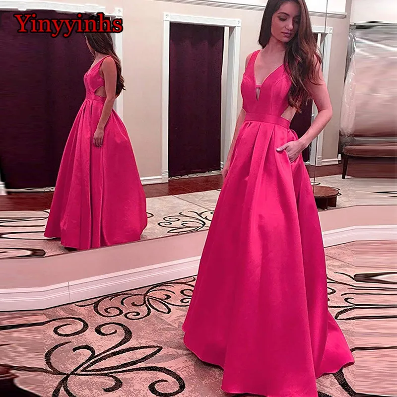 Simple Deep V Neck A-Line Satin Long Evening Party Gowns With Pocket Sleeveless Open Back Floor Length Prom Dresses 2020 YY109
Simple Deep V Neck A-Line Satin Long Evening Party Gowns With Pocket Sleeveless Open Back Floor Length Prom Dresses 2020 YY109