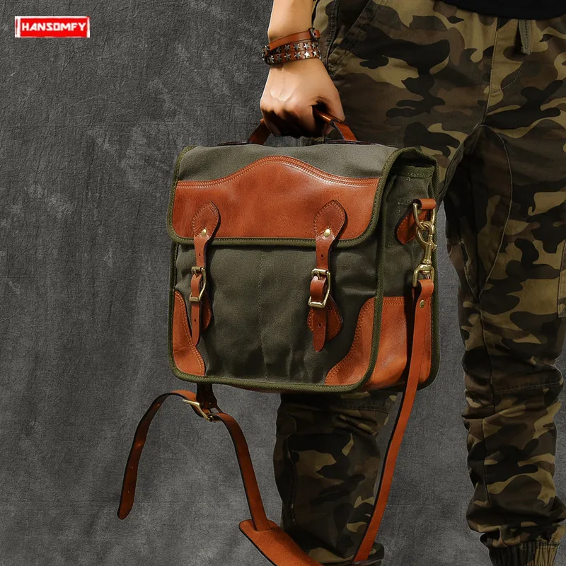 

2022 New Men Shoulder Bag Laptop Briefcase Retro Messenger Bag Slung Handbag Oil Wax Canvas Stitching Vegetable Tanned Leather