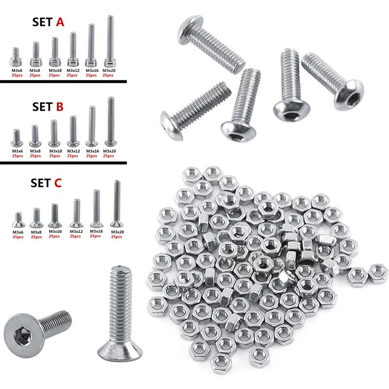 250pc/set A2 Stainless Steel M3 Cap/Button/Flat Head Screws Sets Hex Socket Bolt With Hex Nuts Assortment Kit
250pc/set A2 Stainless Steel M3 Cap/Button/Flat Head Screws Sets Hex Socket Bolt With Hex Nuts Assortment Kit
