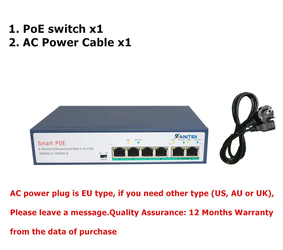 YANITEK 65W Network POE switch Ethernet with 6 RJ45 Network Ports IEEE 802.3 af/at Suitable for CCTV camera system/Wireless AP
YANITEK 65W Network POE switch Ethernet with 6 RJ45 Network Ports IEEE 802.3 af/at Suitable for CCTV camera system/Wireless AP