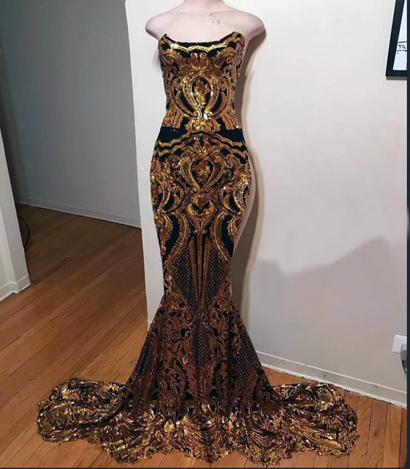 Sparkling Gold Sequin Black Mermaid Prom Dresses 2020 Real Sample Strapless African Girl Custom Made Long Prom Dress
Sparkling Gold Sequin Black Mermaid Prom Dresses 2020 Real Sample Strapless African Girl Custom Made Long Prom Dress
