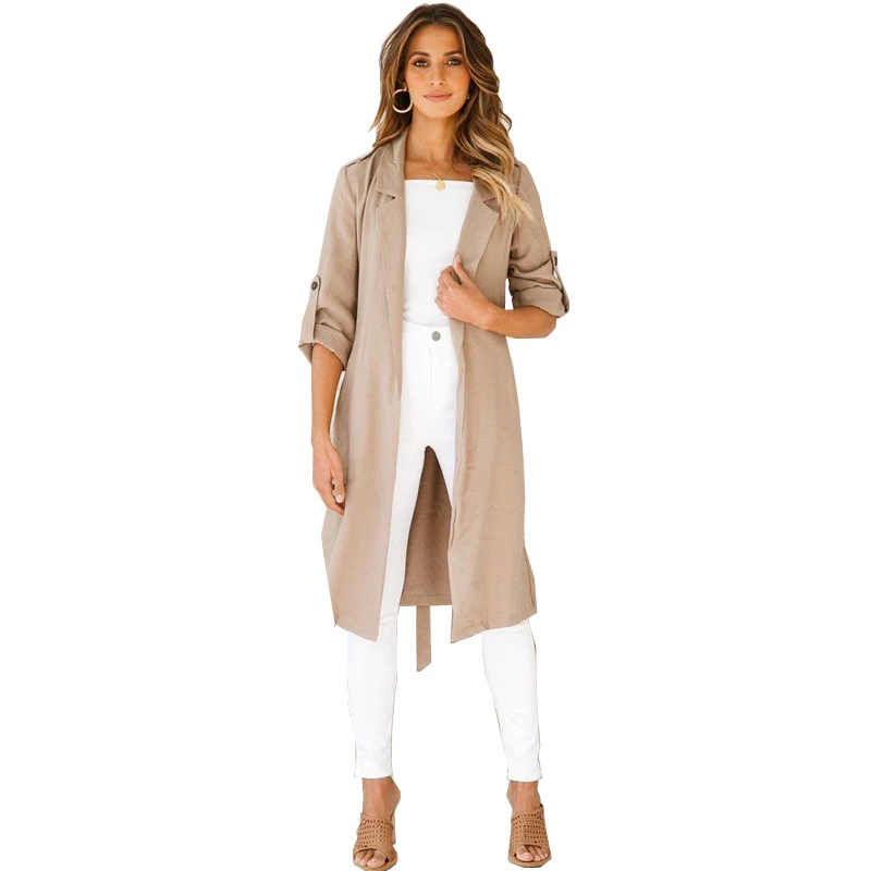 

Waterfall Collar Pocket Front Wrap Work Wear Trench Peach 3/4 Sleeve Apricot Knee Length With Belts Office Women Coat