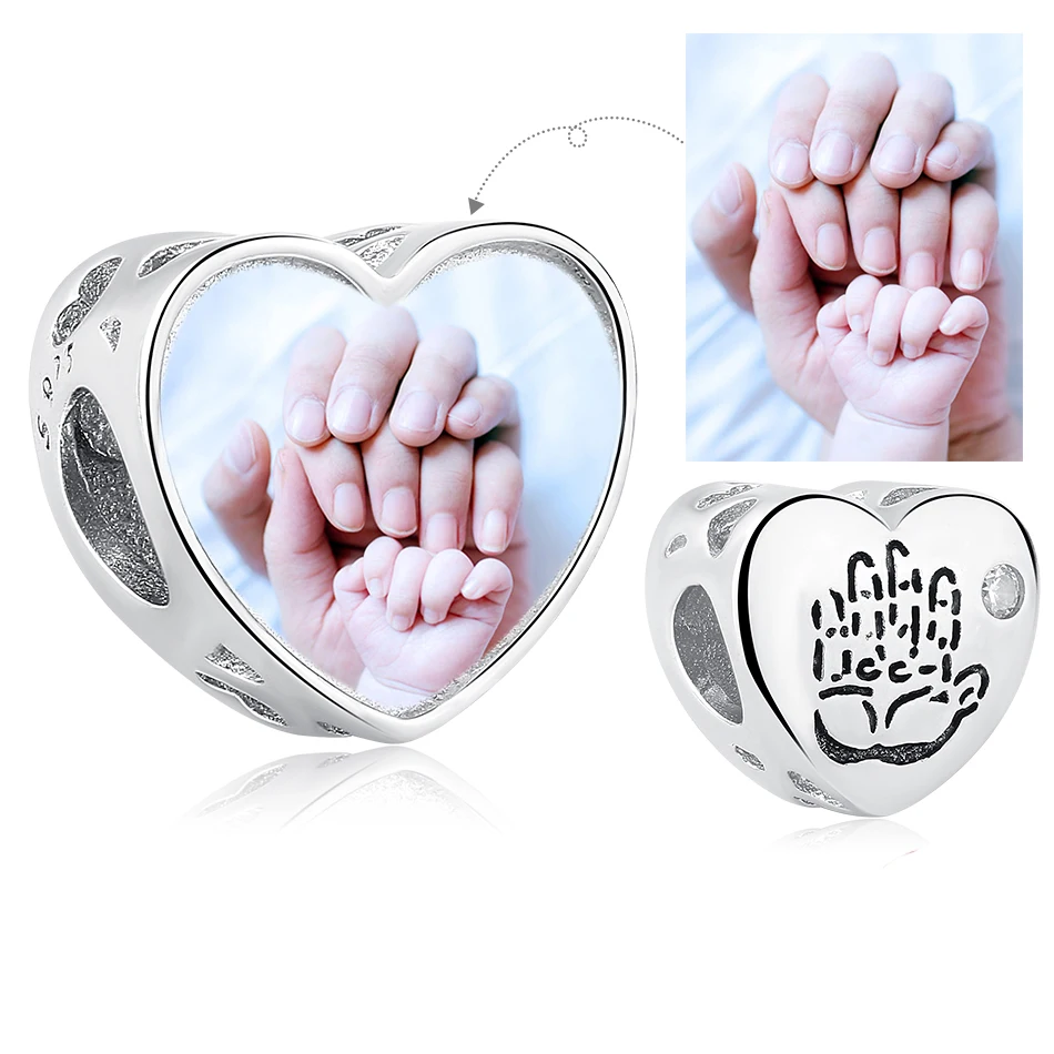 

ELESHE Personalized Custom Photo 925 Sterling Silver Bead Heart Baby Handprint Charm Fit Brand Bracelet Women Jewelry Baby Gift