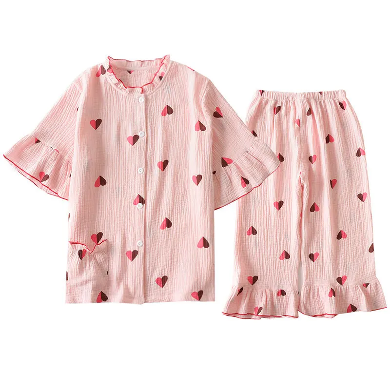 Summer Thin 100% Cotton Crepe Pyjamas Double-layer Gauze Short-sleeved Pajamas for Women Round Neck Loungewear Pijamas 2-piece
Summer Thin 100% Cotton Crepe Pyjamas Double-layer Gauze Short-sleeved Pajamas for Women Round Neck Loungewear Pijamas 2-piece
