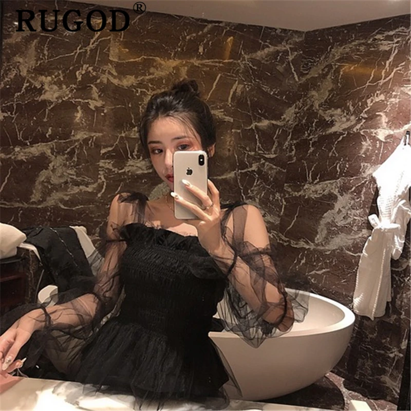 RUGOD Корейская шикарная кружевная сетчатая блузка женская элегантная летняя