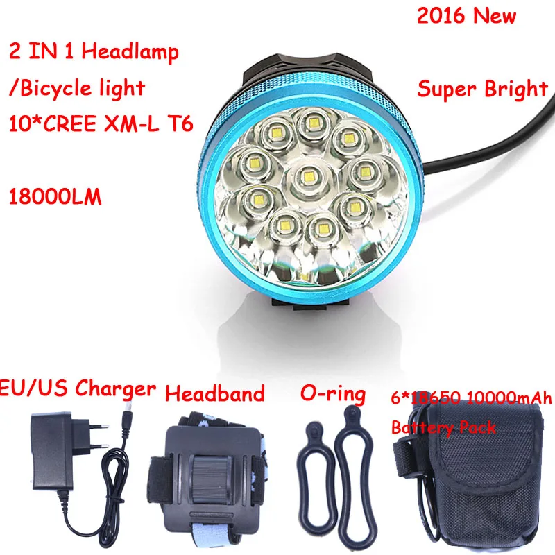 New 2 in 1 18000 LM 10 * XM-L T6 LED Front Head Bike Bicycle Cycling Lamp Blue + 10000mAh 6*18650 Battery Pack + Charger
New 2 in 1 18000 LM 10 * XM-L T6 LED Front Head Bike Bicycle Cycling Lamp Blue + 10000mAh 6*18650 Battery Pack + Charger