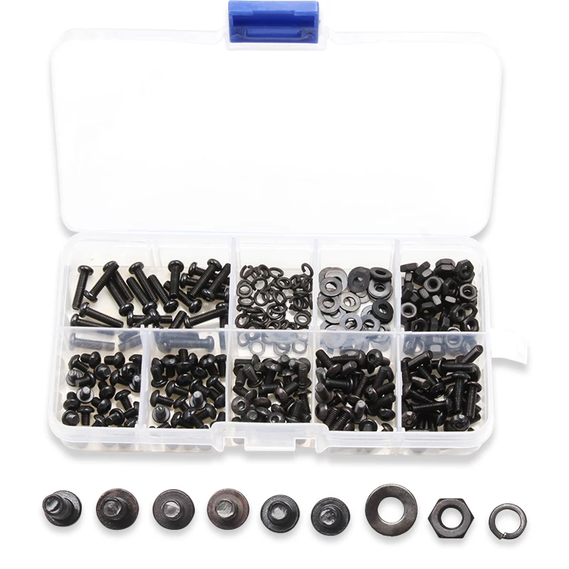 300 PCS M3*4/5/6/8/10/12 Black Round Hexagon Screw Bolts Nuts Flat Pad Washers Spring Box Kit
300 PCS M3*4/5/6/8/10/12 Black Round Hexagon Screw Bolts Nuts Flat Pad Washers Spring Box Kit