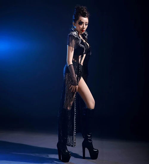 Black sexy lace riveted trench coat party nightclub bar concert DJ singer/dancer costume
Black sexy lace riveted trench coat party nightclub bar concert DJ singer/dancer costume
