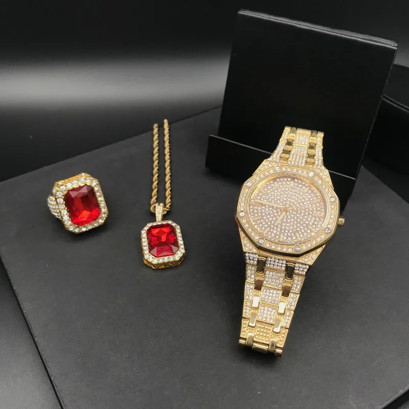 Luxury Men Gold Color Watch & Ring & Necklace Combo Watch Set Crystal Miami Jewerly Necklace Chain Ice Out Cuban Hip Hop For Men
Luxury Men Gold Color Watch & Ring & Necklace Combo Watch Set Crystal Miami Jewerly Necklace Chain Ice Out Cuban Hip Hop For Men