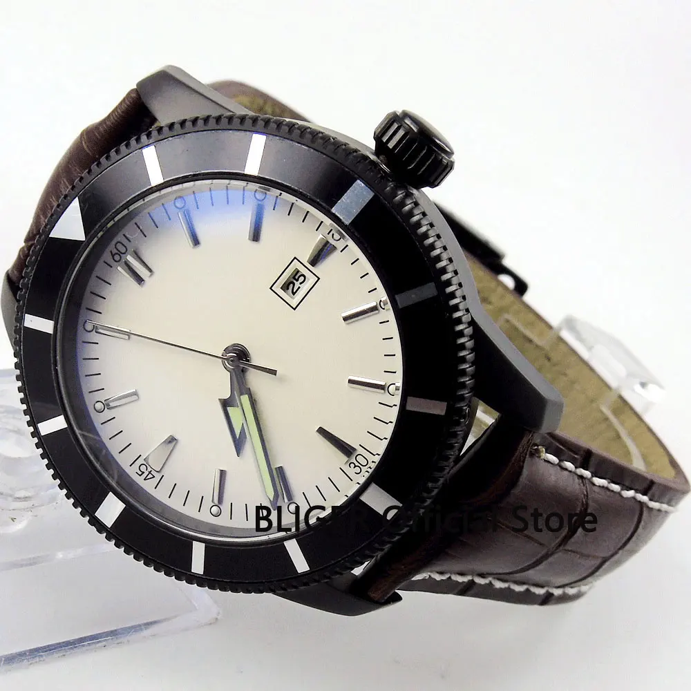 Classic BLIGER 46MM White Sterile Dial Black PVD Coated Case MIYOTA Automatic Movement Men's Wrist Watch Leather Strap Watch 127
Classic BLIGER 46MM White Sterile Dial Black PVD Coated Case MIYOTA Automatic Movement Men's Wrist Watch Leather Strap Watch 127
