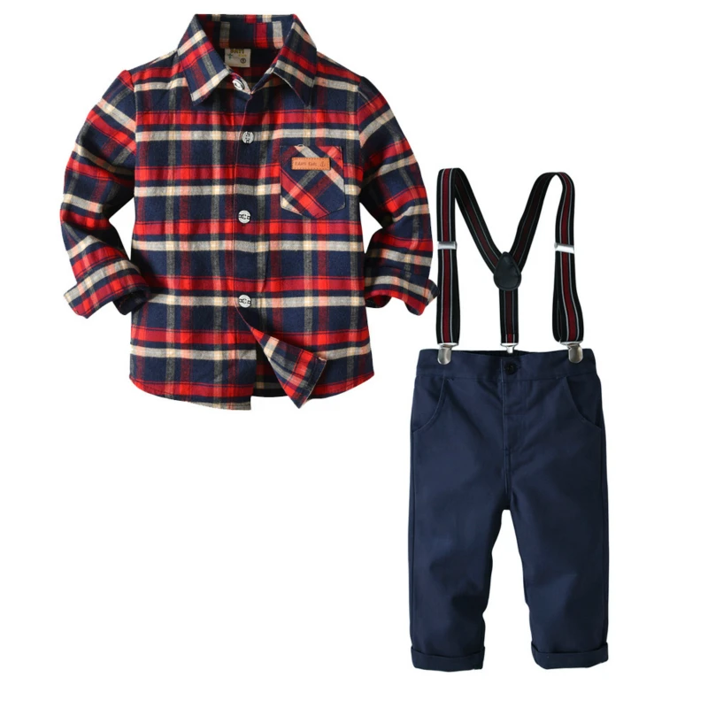 baby Boys Clothes Sets Long Sleeve Plaid Shirt + Suspenders Pants Toddler Boy Gentleman Outfits Suits |