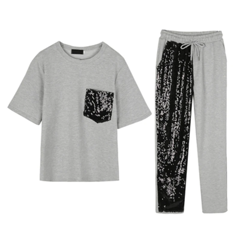 PERHAPS U Black Gray Pink O Neck Short Sleeve T-shirt Top Sequined Pocket Ankle-length Pants Casual Two-piece Set Summer T0123
PERHAPS U Black Gray Pink O Neck Short Sleeve T-shirt Top Sequined Pocket Ankle-length Pants Casual Two-piece Set Summer T0123