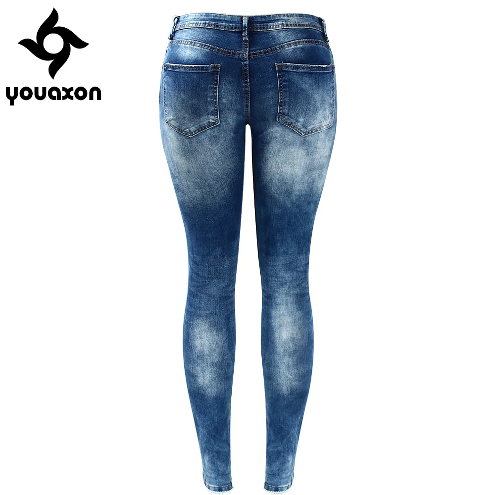 Женские джинсы с низкой посадкой Youaxon синие потертые Стрейчевые потертостями