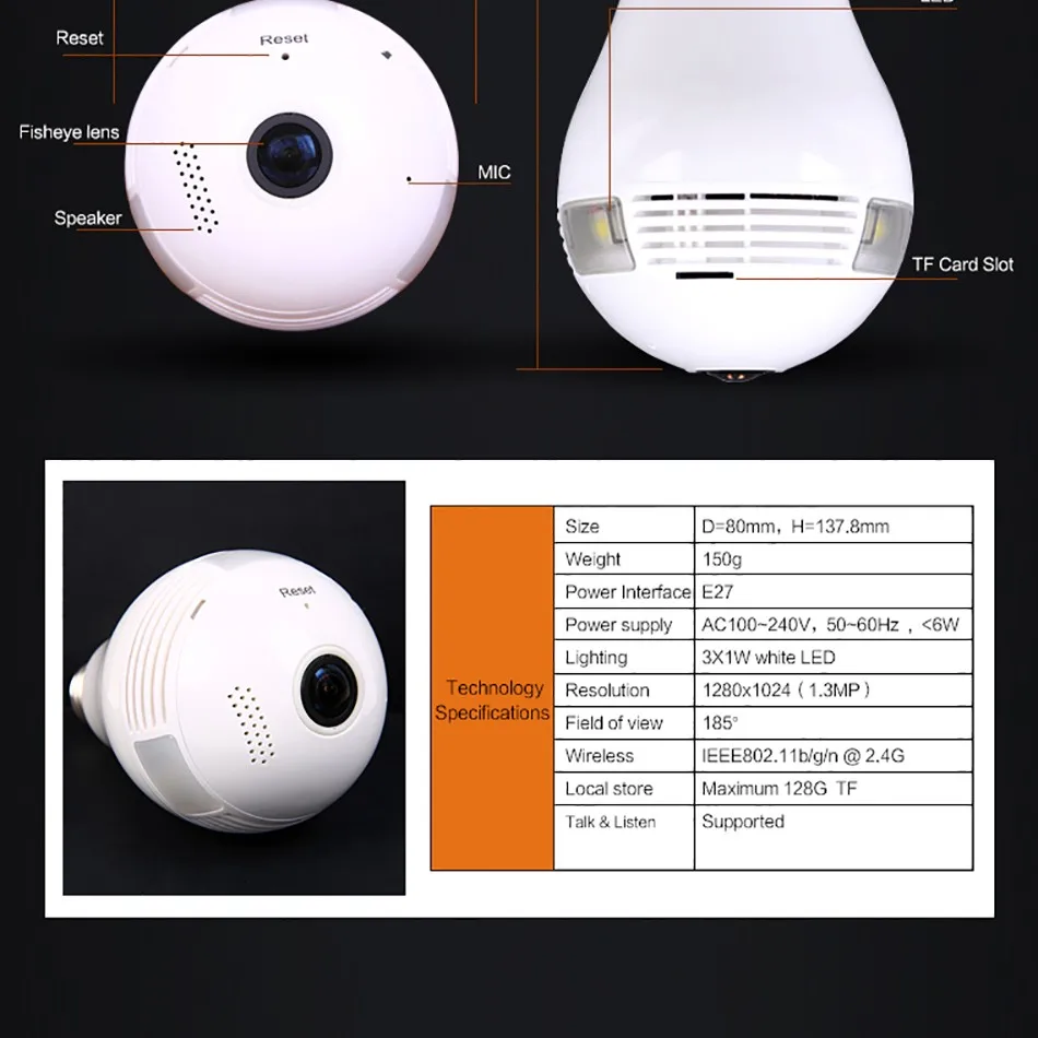 Новый escam вт qp135 тип лампы панорамный wi-fi ip-камеры 1 3-мегапиксельная h.264
