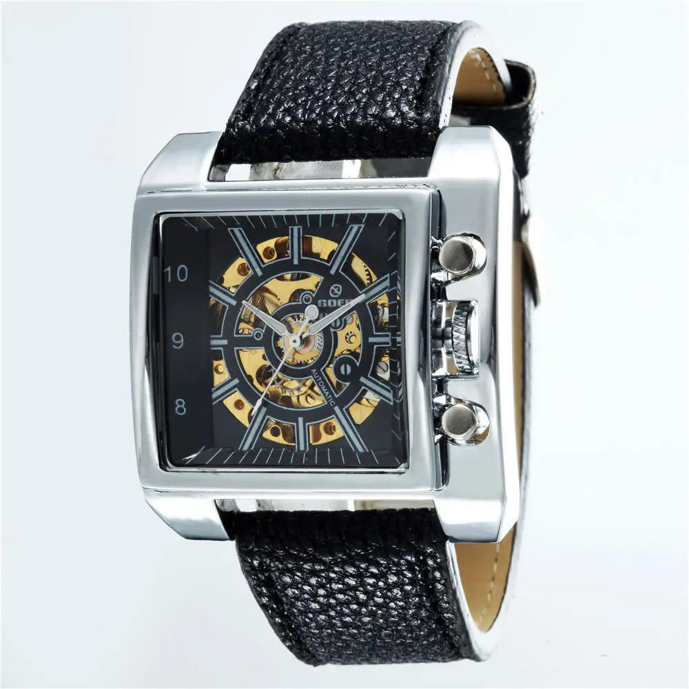 

Luxury Brand Rectangle Automatic Mechanical Watches Men PU Leather Fashion Sports Men Skeleton Watches relogio masculino GOER