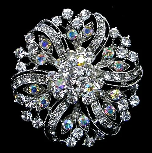 

2 Inch Rhodium Silver Tone Clear Rhinestone Crystal Sparkly Full Diamante Bridal Flower Brooch