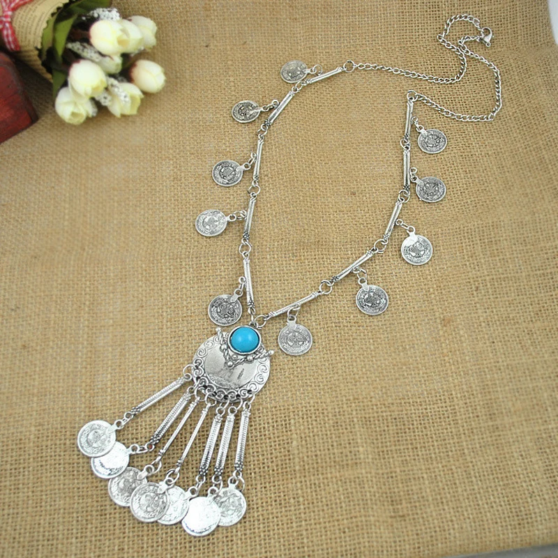 

Bohemian Jewelry Resin Beads Gem Vintage Silver Coin Long Pendant Necklace Gypsy Tribal Ethnic Turkish Jewelry