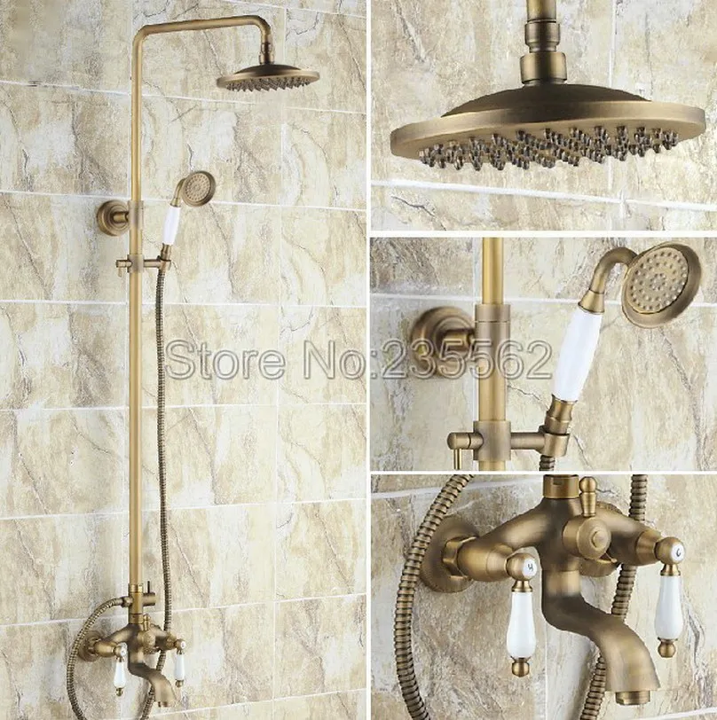 

Dual Ceramic Handles Bathroom Mixer Tap Tub Spout Hand Shower Unit Shower Faucet Antique Brass Finish Shower Faucets Lrs163