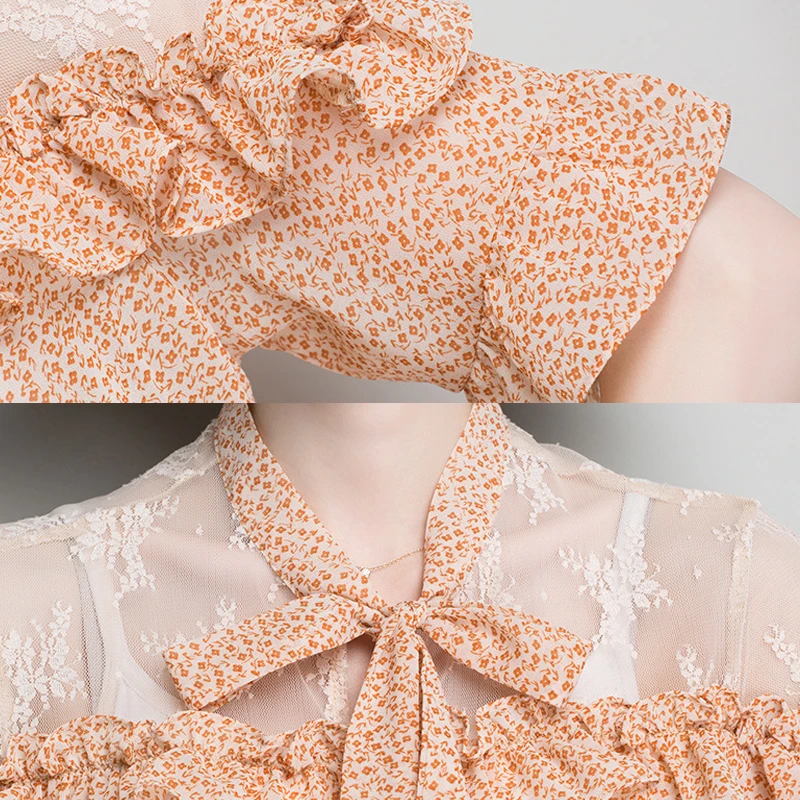 Ladies Half Sleeve Tops Chiffon Bow Office Tops Lace Floral Blouse Lace-up Neckline Summer Half Sleeve Top Women's Tops 236-030
Ladies Half Sleeve Tops Chiffon Bow Office Tops Lace Floral Blouse Lace-up Neckline Summer Half Sleeve Top Women's Tops 236-030