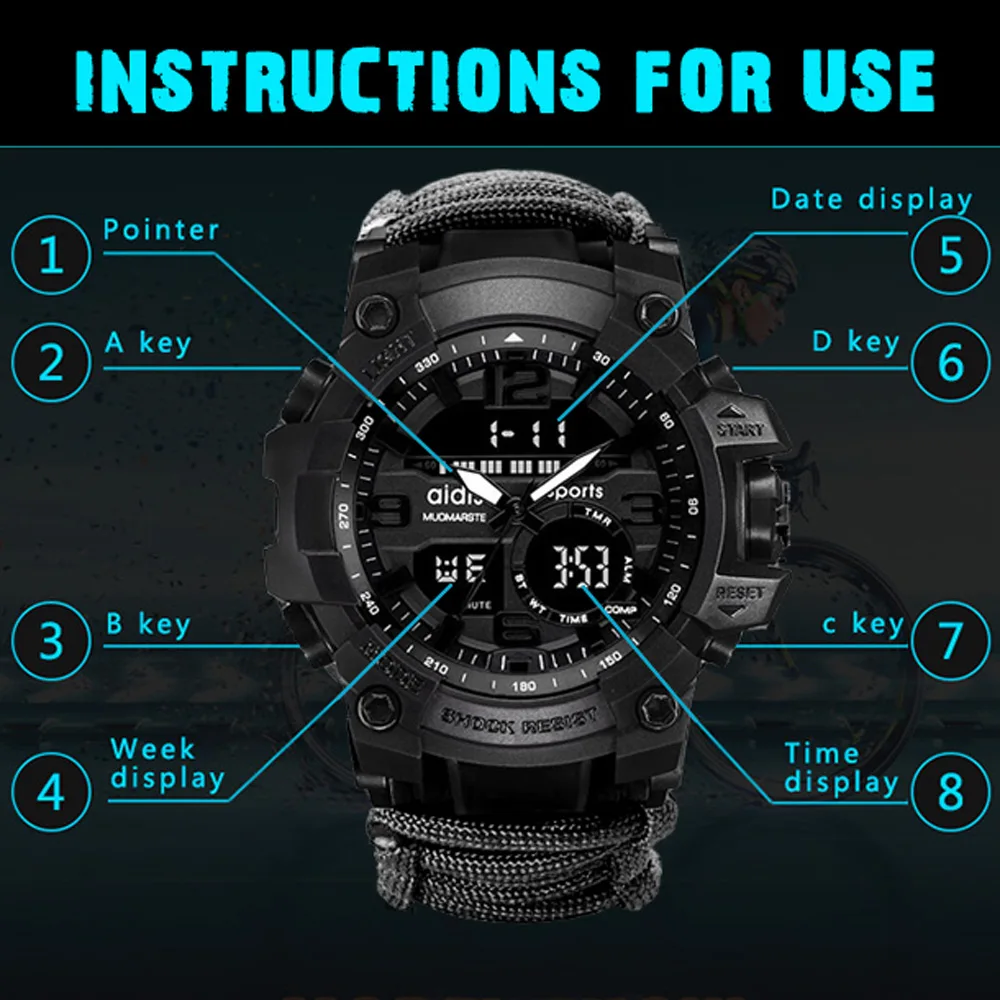 Addies Sports Watches Dual Display Analog Digital LED Luminous Electronic Quartz Wristwatches Waterproof Swimming Military Watch | Наручные