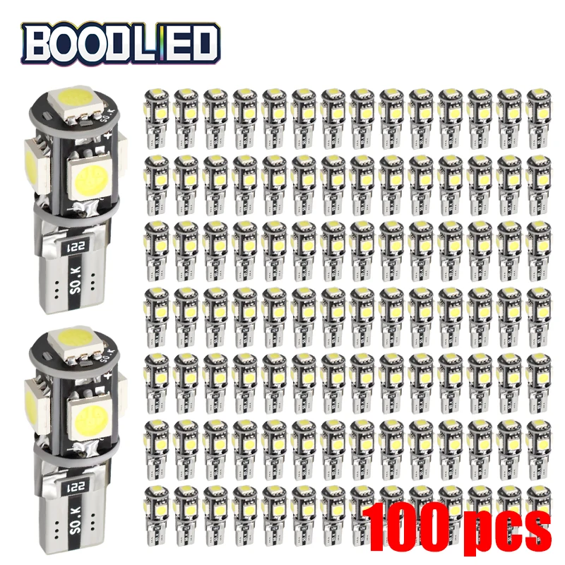 

100pcs T10 LED W5W 168 194 Bulb Canbus No Error 5050 SMD 5 SMD White LED Car Light Wedge Lamp Band Decoder Sign Trun Light 12V
