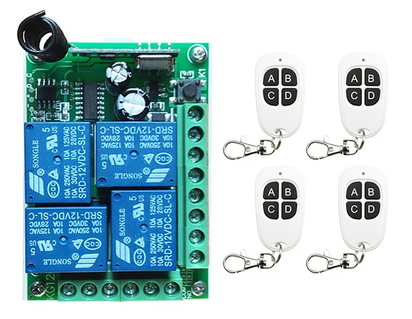 DC12V 4CH 10ARF Wireless Switch Relay Receiver Remote Controllers & White keys Waterproof Transmitter Garage Door/ window /lamp
DC12V 4CH 10ARF Wireless Switch Relay Receiver Remote Controllers & White keys Waterproof Transmitter Garage Door/ window /lamp