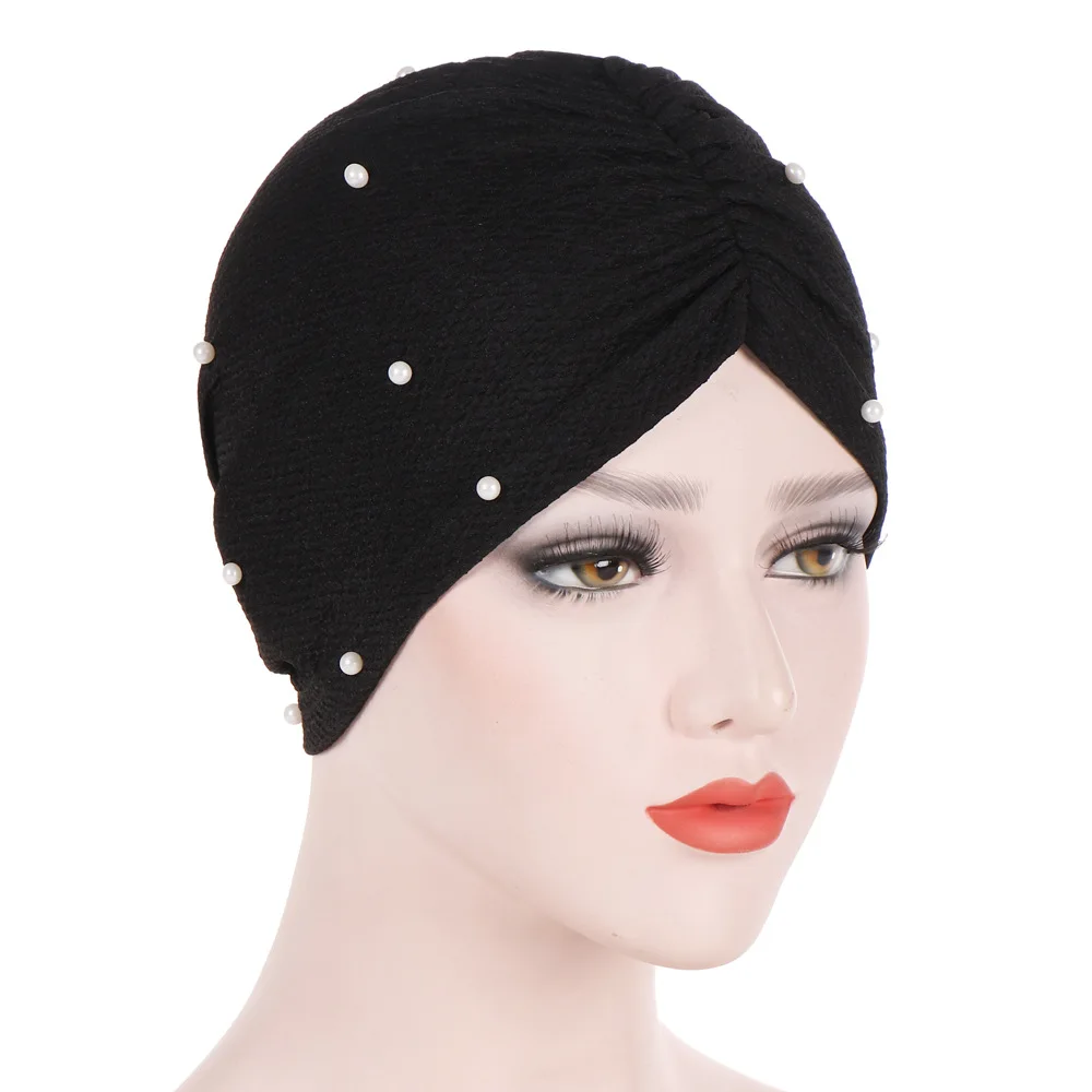 

Muslim Womens Bead Ruffle Turban Hat Stain Bonnet Bowknot Stretch Headwear Cap Head Wrap Chemo Beanies Hair Accessories