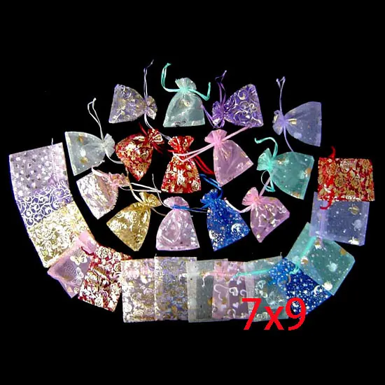 

Hot Sale 100 Random Mixed Bronzing Drawable Organza Wedding Gift Bags&Pouches Jewelry Packaging 7x9cm(W00468 X 1)