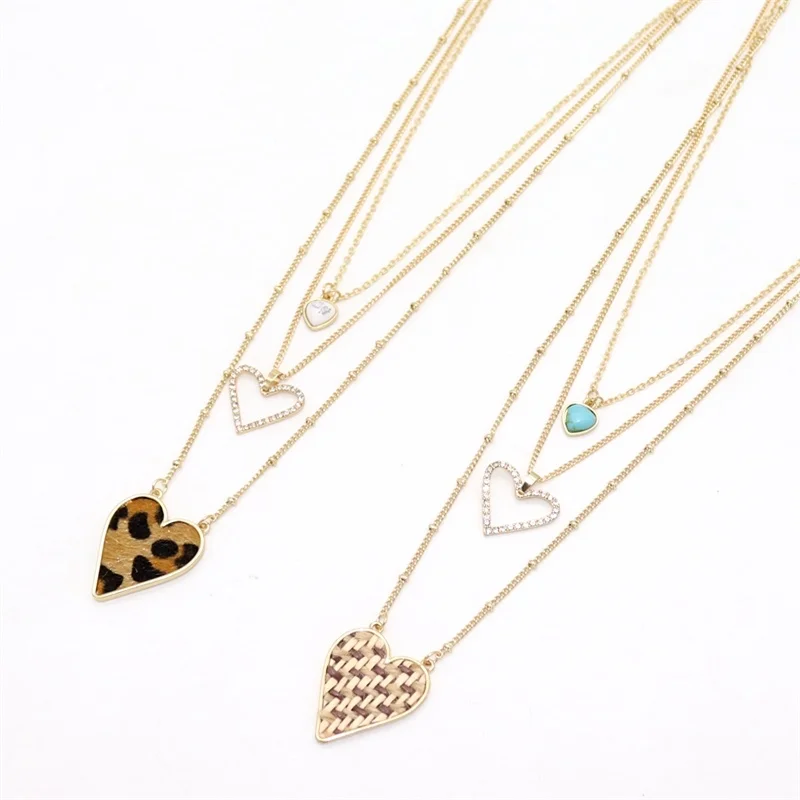 

Fashion Straw Rope Braided Heart Pendant Natural Stones Multilayers Chain Sweater Necklace Geometric Body Jewelry