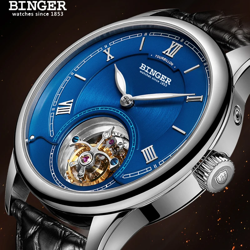 

High Quality Seagull Tourbillon Mechanical Watch Crocodile Leather Strap Sapphire Men Skeleton Automatic Watch BINGER Blue dial