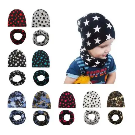 

Распродажа, 1 комплект, осенне-зимняя теплая шапка со звездами и шарфом, детский хлопковый шарф-воротник для маленьких мальчиков, детские шапки и шарфы со звездами