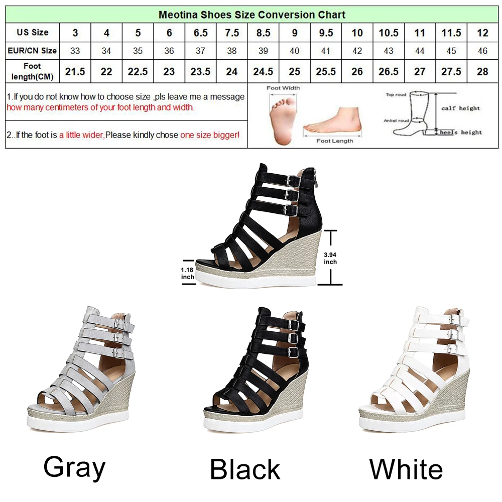 Женские римские сандалии Meotina черные/белые туфли на танкетке и молнии большие