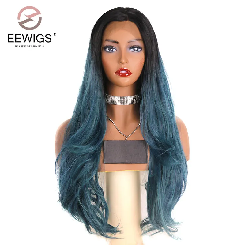 EEWIGS темно-синий парик из натуральных волн высокотемпературные волосы