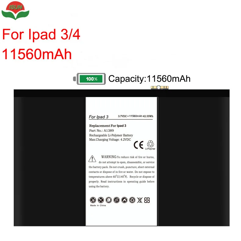 ISUN 5pcs/lot 3.7V 11560mAh Original Quality A1389 Battery For Apple iPad 3 for ipad 4 3RD A1403 A1416 A1430
ISUN 5pcs/lot 3.7V 11560mAh Original Quality A1389 Battery For Apple iPad 3 for ipad 4 3RD A1403 A1416 A1430
