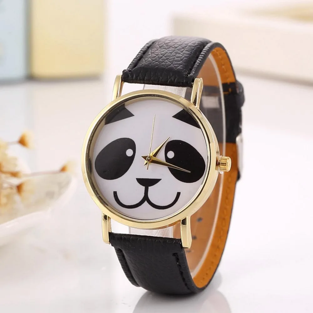 Милый Панда часы Для женщин кварцевые наручные Часы модные Искусственная кожа