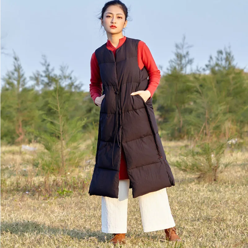 SCUWLINEN 2019 Winter Women Jackets Solid Embroidery Long Thickening Warm 90% Duck Down Vest Light Casual Loose Parka S701 | Женская