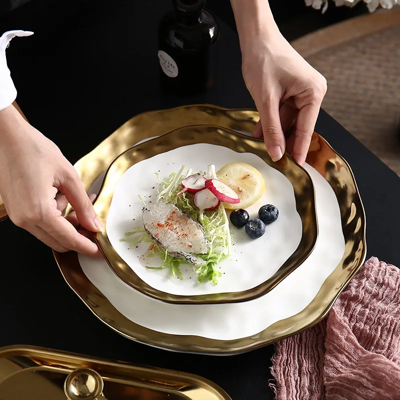 European style gold plated Western-style steak tray white fruit flat plate salad bowl dishes home dishes
European style gold plated Western-style steak tray white fruit flat plate salad bowl dishes home dishes