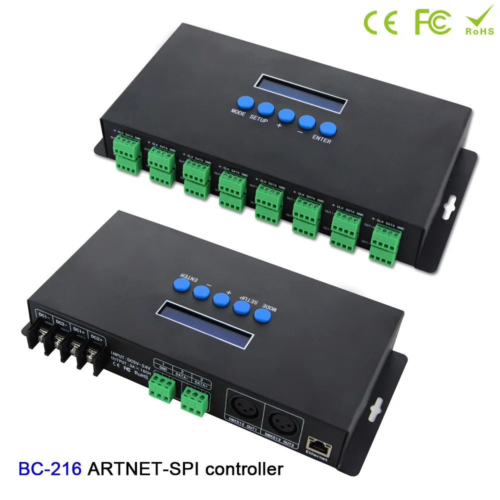 

BC-216 16 channels Led Artnet Controller DC5V-24V Artnet to SPI /DMX pixel light LED controller+Two port(2*512 Channels)output