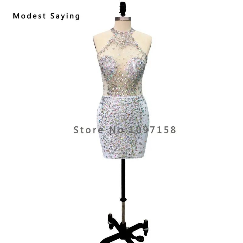Real Photo Sexy White High Neck Short Cocktail Dresses 2018 with Rhinestone Sheer Girls Mini Party Prom Gowns vestidos de coctel
Real Photo Sexy White High Neck Short Cocktail Dresses 2018 with Rhinestone Sheer Girls Mini Party Prom Gowns vestidos de coctel