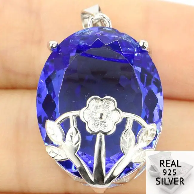 

Real 925 Solid Sterling Silver 8.1g Big Gem Oval 22x18mm Blue Violet Tanzanite Engagement Pendant 31x18mm