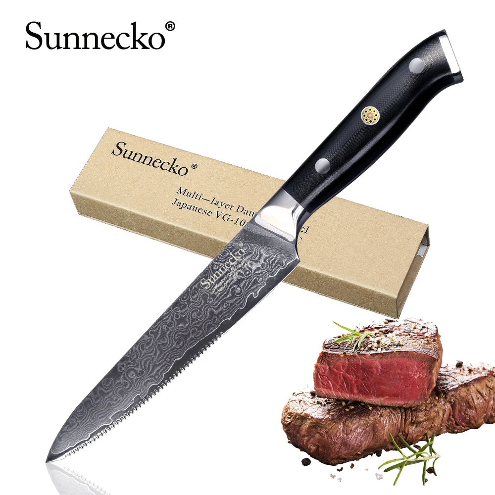 SUNNECKO Professional 5 inch Steak Knives Damascus Steel Japanese VG10 Sharp Blade Kitchen Knives G10 Handle Meat Cutter Knife
SUNNECKO Professional 5 inch Steak Knives Damascus Steel Japanese VG10 Sharp Blade Kitchen Knives G10 Handle Meat Cutter Knife