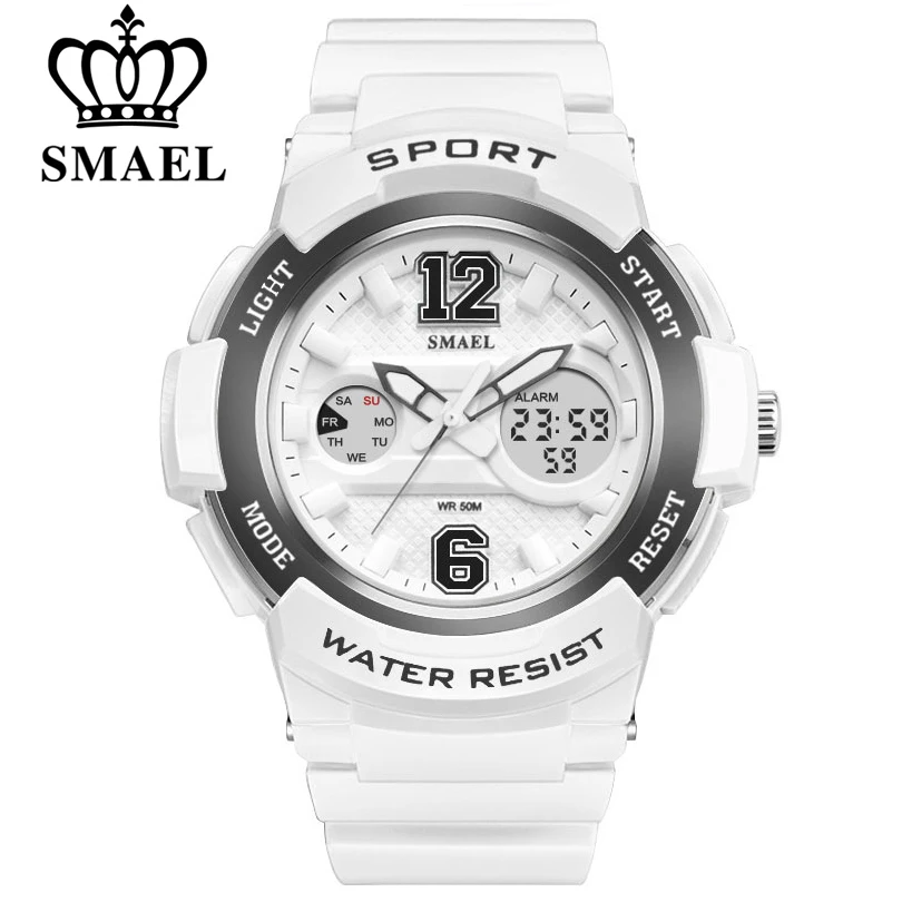 SMAEL White PU Watchband Women Dual Display Wristwatches Women's Quartz Watch Lady Fashion Watches 30M Waterproof Relojes Mujer
SMAEL White PU Watchband Women Dual Display Wristwatches Women's Quartz Watch Lady Fashion Watches 30M Waterproof Relojes Mujer