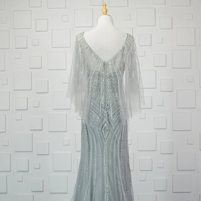 JANCEMBER Luxury abend kleider Beading Crystal Pattern Sequined Illusion O-Neck Court Train Mermaid long sleeve evening gown | Свадьбы и