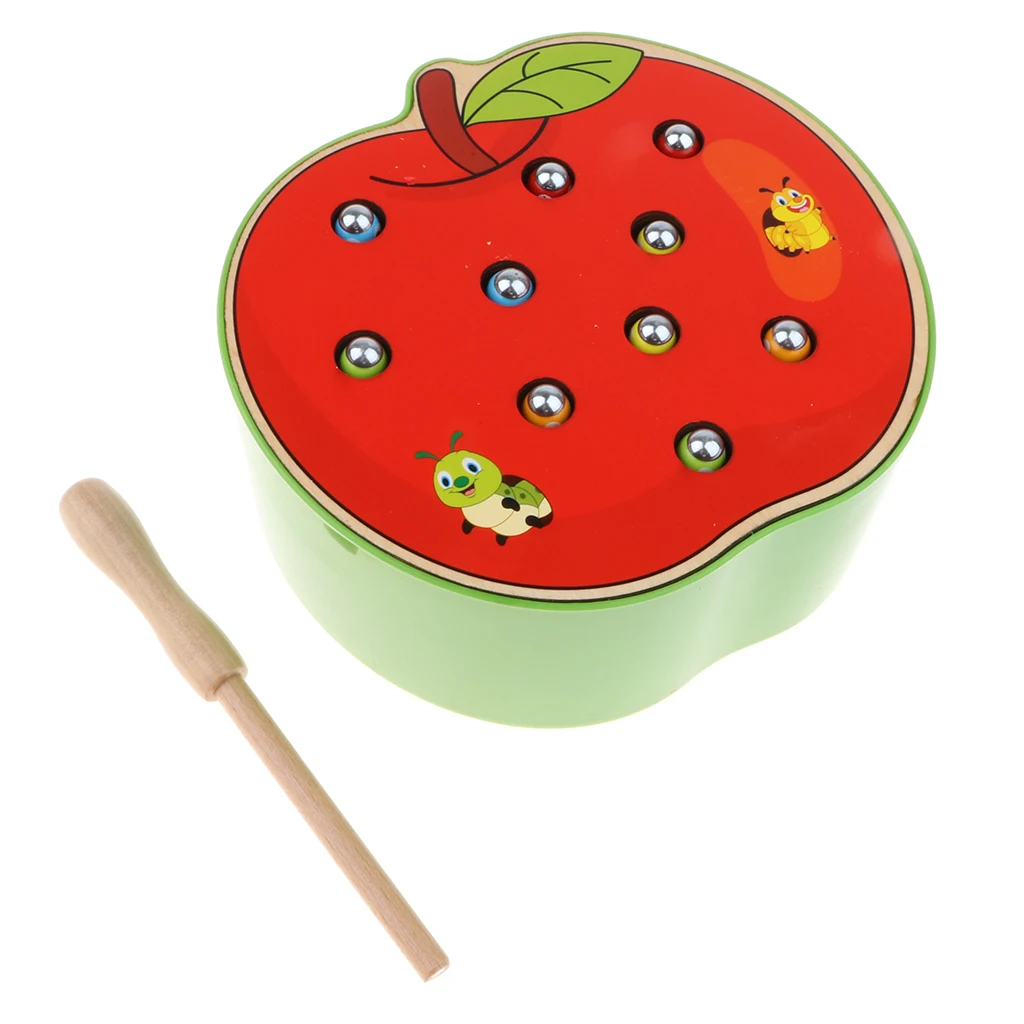 Wooden Apple Board Magnet Bug Catching Game Toy Kit, Kids Toddlers Early Educational Toy Gift