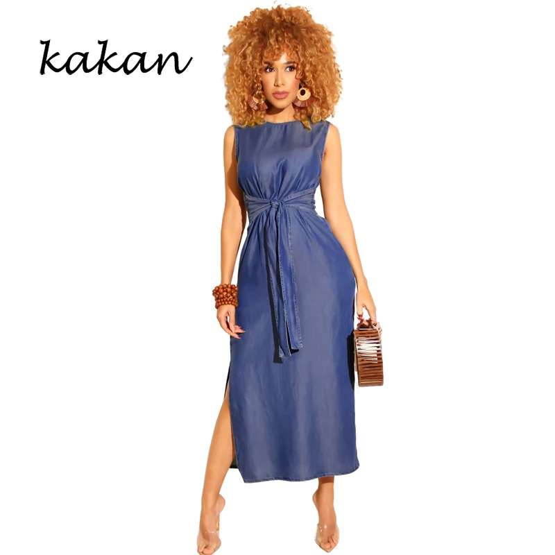 Kakan new women's dress sleeveless high slit denim dress dark blue light blue black dress
Kakan new women's dress sleeveless high slit denim dress dark blue light blue black dress