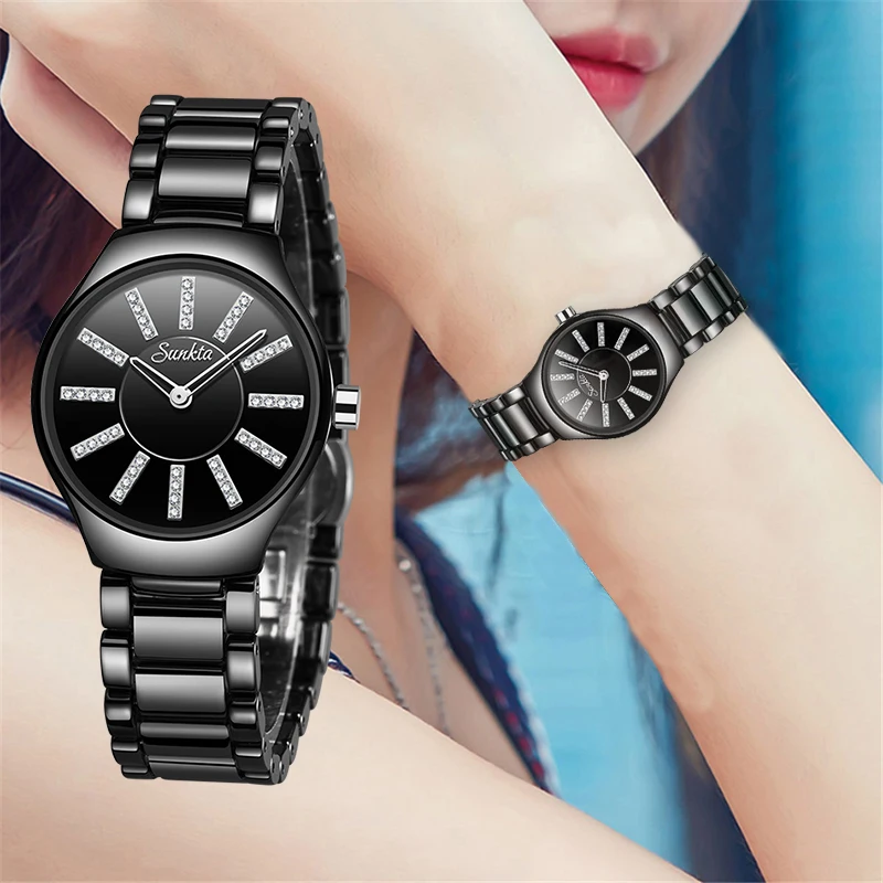 Часы наручные SUNKTA женские кварцевые с керамическим ремешком трендовые Роскошные
